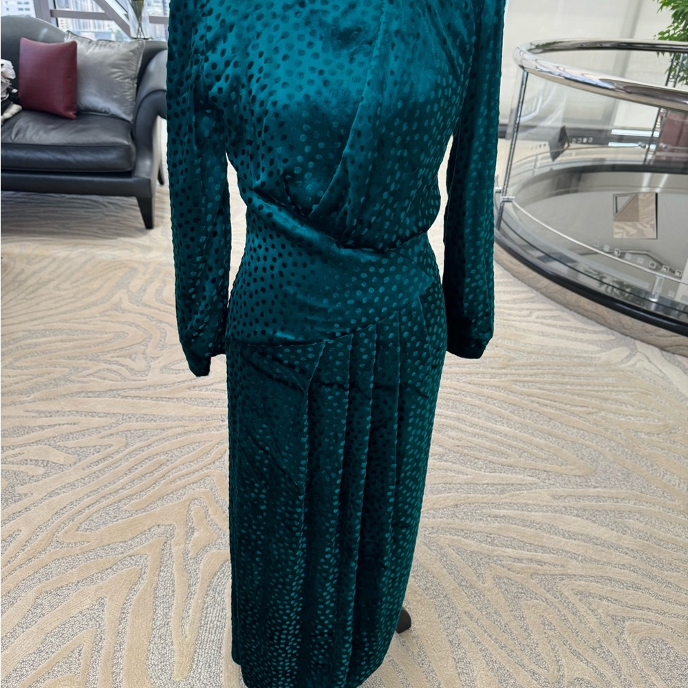 Vintage Hanae Mori Boutique Textured Long Sleeve Teal Dress - Picture 2 of 5